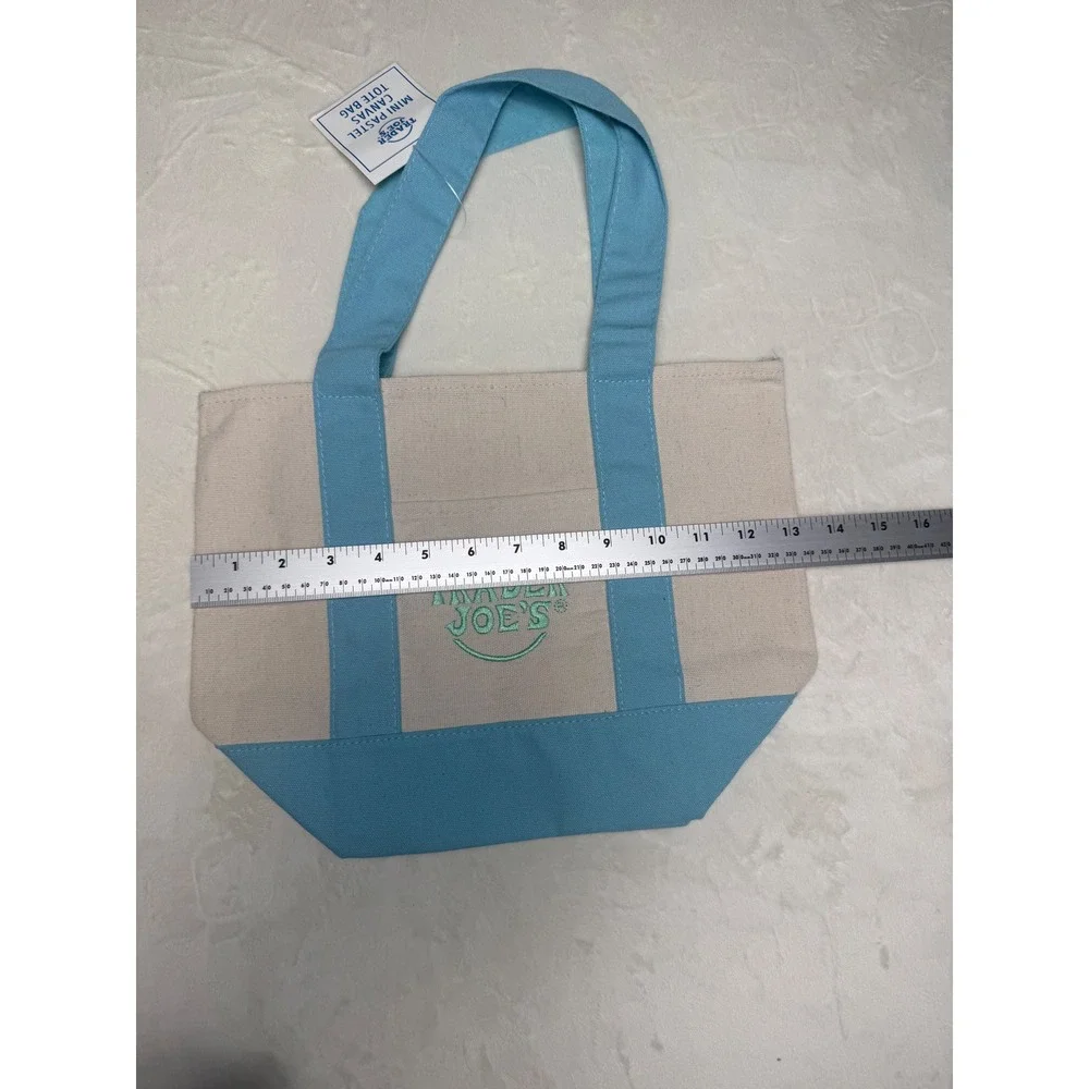 Trader Joes Mini Pastel Canvas Tote Bag Light Blue Cream New With Tags